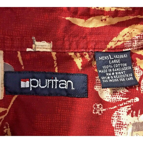 Puritan Hawaiian Shirt Red Old Pickup Trucks Large Short Sleeve Button Up Cotton - Picture 9 of 9